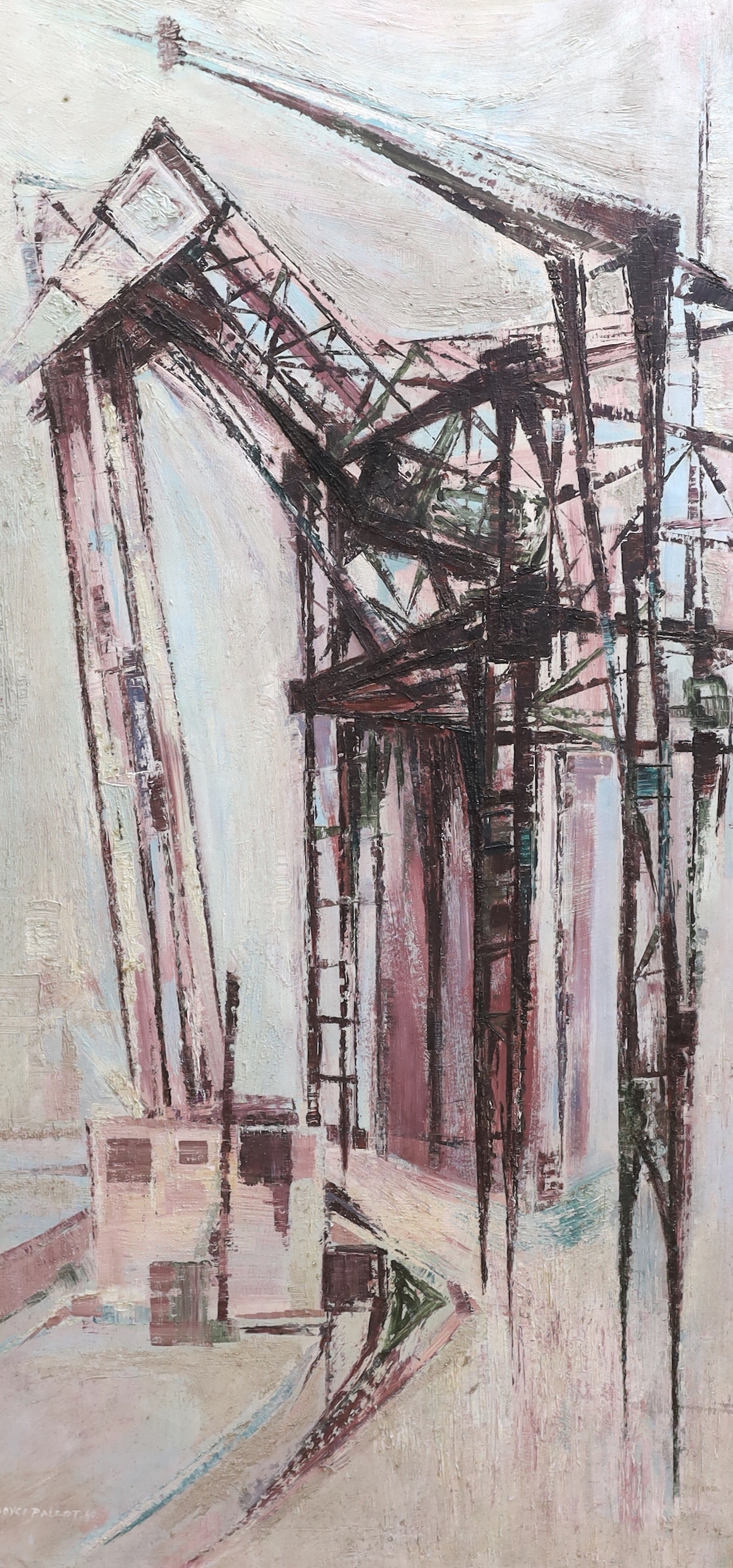 Joyce Pallot (British 1912-2004), oil on board, 'Grain Elevator', signed and inscribed verso and dated '60, 108 x 52cm, unframed